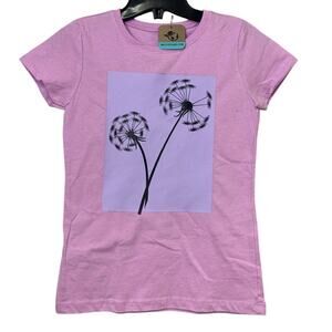 New Upcycled Hand Printed Girls Large 10/12 Purple Dandelion Wish Tee Shirt